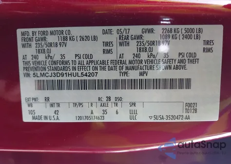 2017 Lincoln Mkc Reserve from USA, damaged, VIN 5LMCJ3D91HUL54207